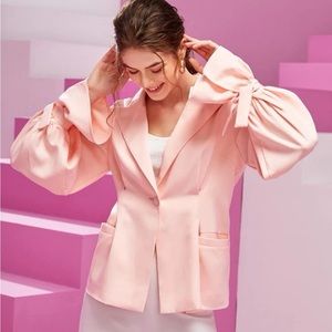 Solid Flounce Sleeve Single Button Blazer